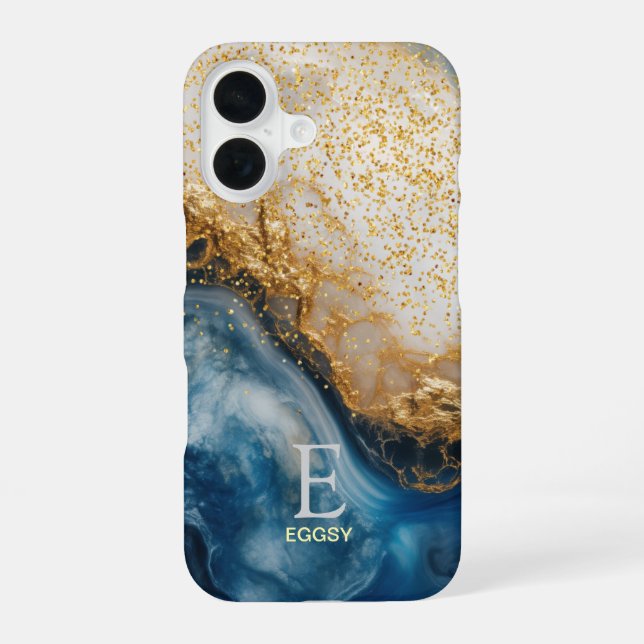 Blue marble chic gold glitter monogram iPhone 16 case (Back)
