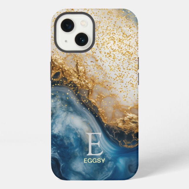 Blue marble chic gold glitter monogram iPhone case (Back)