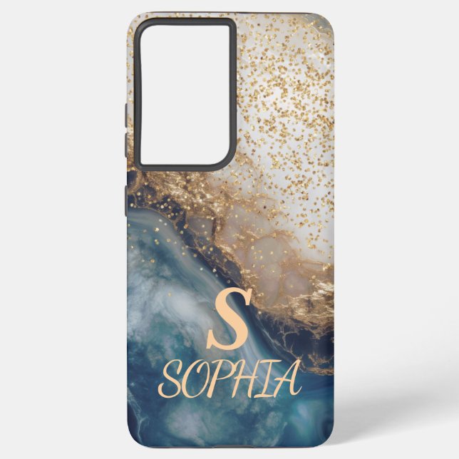 blue marble chic gold glitter monogram samsung galaxy s21+ case (Back)