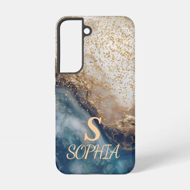blue marble chic gold glitter monogram samsung galaxy s22 case (Back)