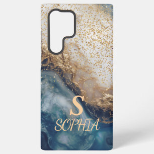 blue marble chic gold glitter monogram samsung galaxy case