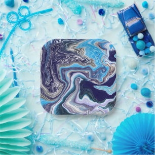 Blue Marble Fluid Art Birthday Paper Plate