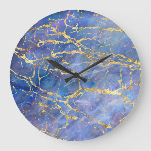 Blue Marble Gold Abstract Texture Large Clock