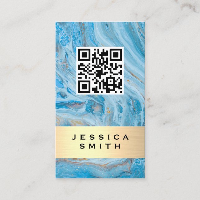 Blue Marble | Gold Brushed | QR Label Business Card (Front)