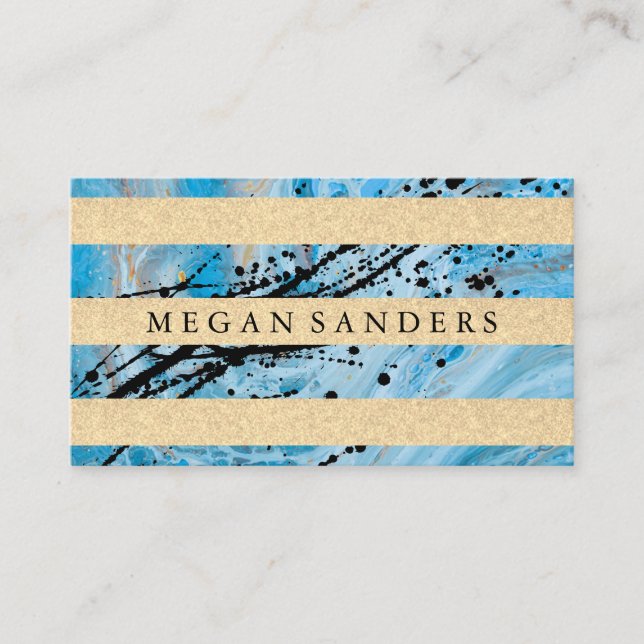 Blue Marble | Gold Glitter Stripes Business Card (Front)