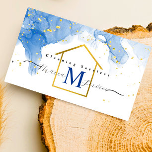 Blue marble golden house design cleaning service business card