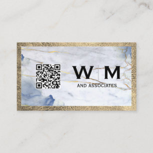 Blue Marble Leather Trip Monogram QR Code Business Card