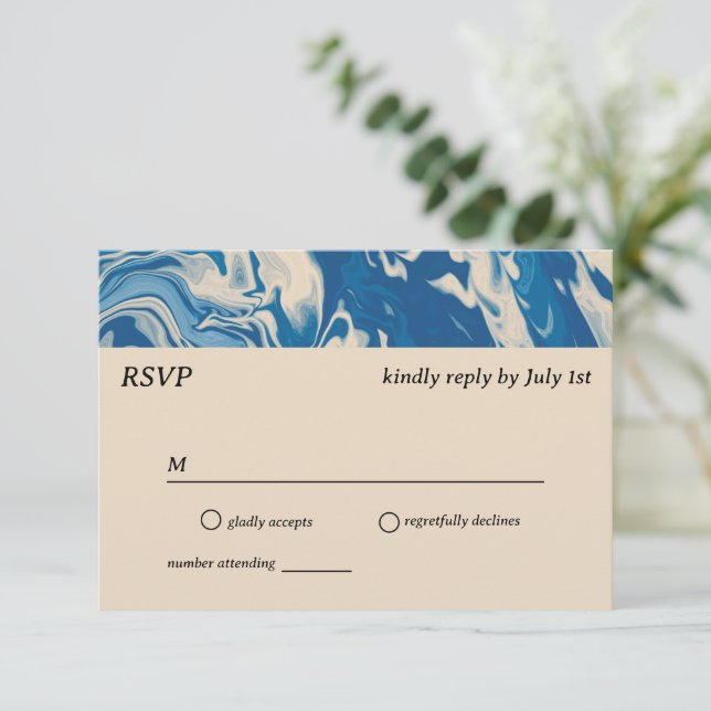 Blue Marble Modern Coastal Wedding RSVP Card (Standing Front)
