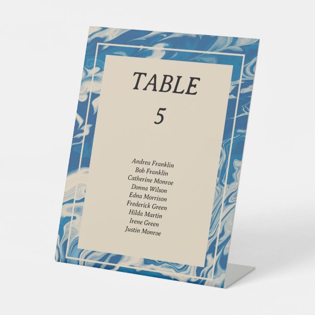 Blue Marble Modern Coastal Wedding Table Number Pedestal Sign (Front)