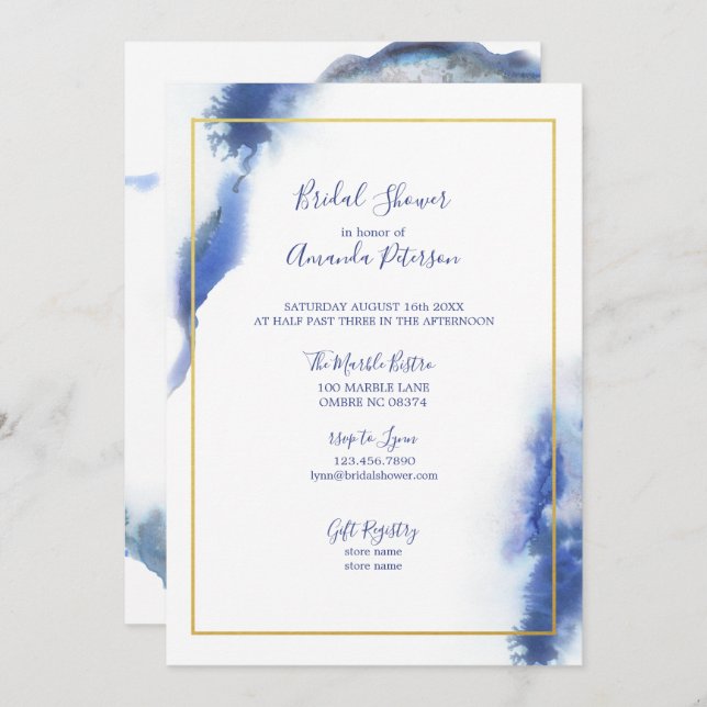 Blue Marble Ombre Gold Frame Bridal Shower Invitation (Front/Back)