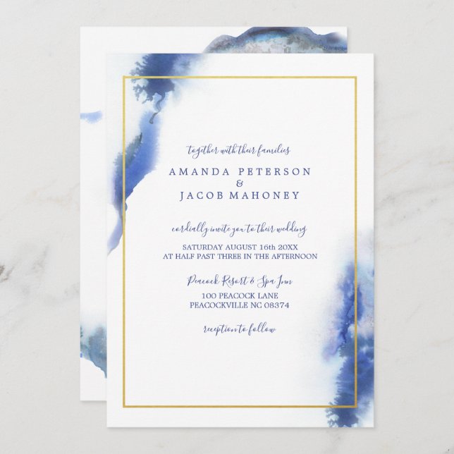 Blue Marble Ombre Gold Frame Wedding Invitation (Front/Back)