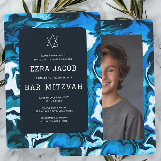 Blue Marble Paint Custom Photo Bar Bat Mitzvah Invitation (Blue Marble Paint Custom Photo Bar Bat Mitzvah Invitation
)