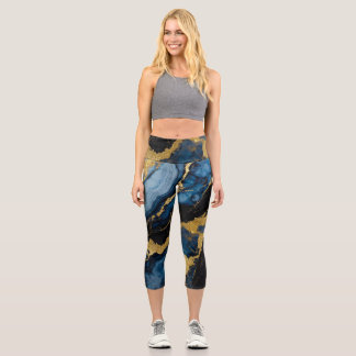 Blue Marble Pattern with Gold Capri Leggings