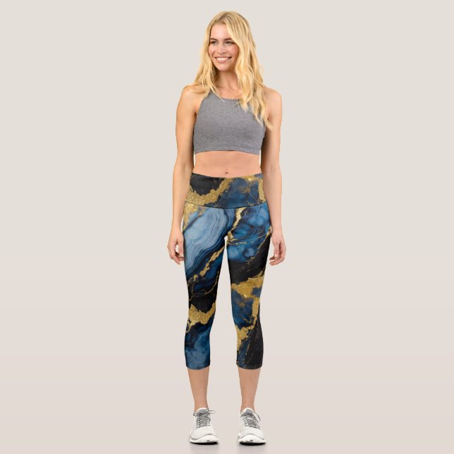 Blue Marble Pattern with Gold Capri Leggings (Front)