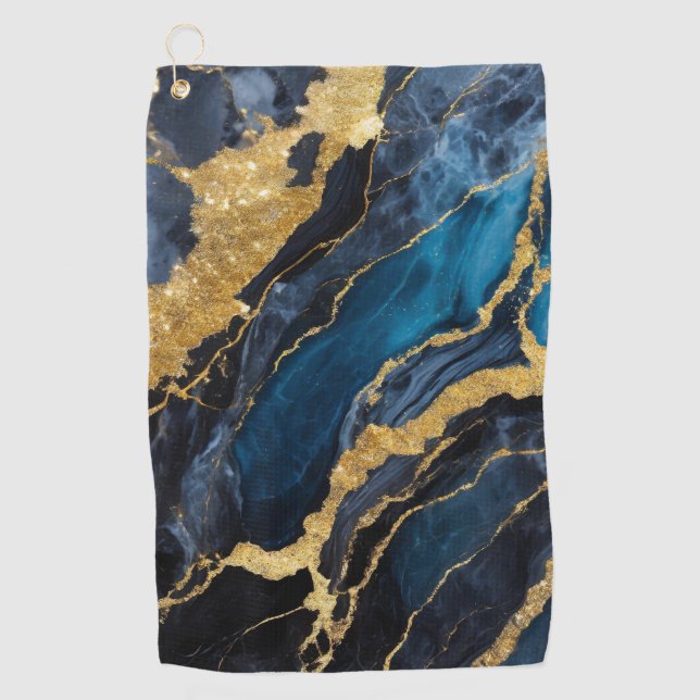 Blue Marble Pattern with Gold Golf Towel (Front)