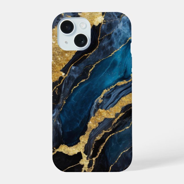 Blue Marble Pattern with Gold iPhone 15 Case (Back)