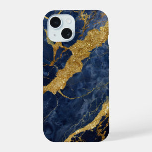 Blue Marble Pattern with Gold iPhone 15 Case