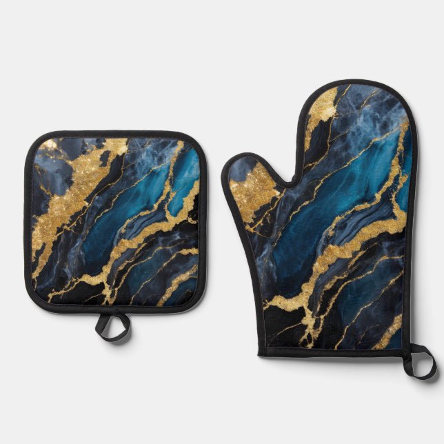 Blue Marble Pattern with Gold Oven Mitt & Pot Holder Set (Front)