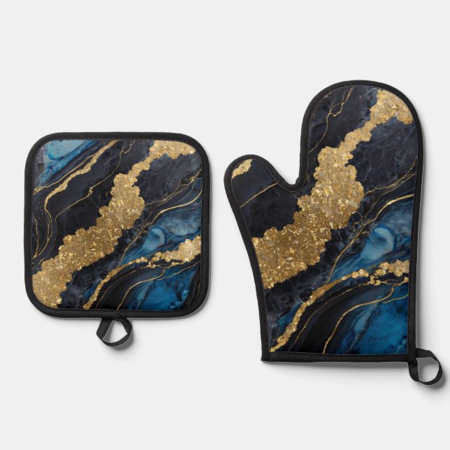 Blue Marble Pattern with Gold Oven Mitt & Pot Holder Set (Front)