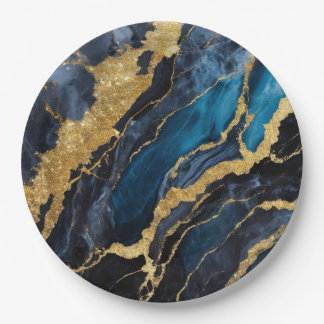 Blue Marble Pattern with Gold Paper Plate
