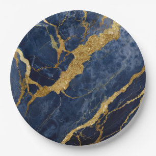 Blue Marble Pattern with Gold Paper Plate