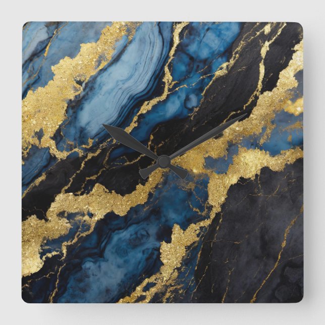 Blue Marble Pattern with Gold Square Wall Clock (Front)