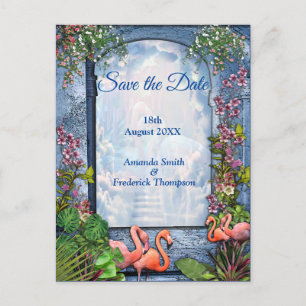Blue Marble & Pink  Flamingos Announcement Postcard