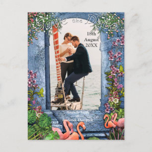 Blue Marble & Pink Flamingos Announcement Postcard