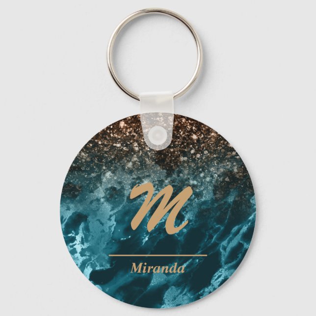 Blue Marble rose gold glitter Mongram personalised Key Ring (Front)