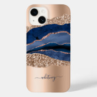 Blue Marble Rose Gold Glitter Name