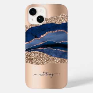 Blue Marble Rose Gold Glitter Name Case-Mate iPhone 14 Case