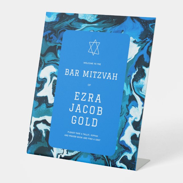 Blue Marble Star of David Custom Bar Bat Mitzvah Pedestal Sign (Front)