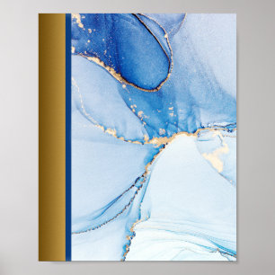 Blue Marble Stone / Gold Navy Blue Border Art  Poster