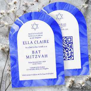 Blue Marble Swirls Star QR Bar Bat Mitzvah Arch Invitation