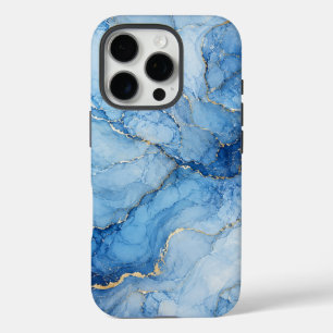 Blue Marble Watercolor Pattern with Gold Veins iPhone 16 Pro Case