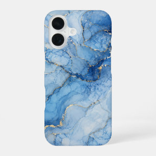 Blue Marble Watercolor Pattern with Gold Veins iPhone 16 Case