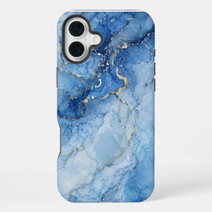 Blue Marble Watercolor Pattern with Gold Veins iPhone 16 Plus Case