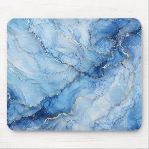Blue Marble Watercolor Pattern with Gold Veins Mouse Pad