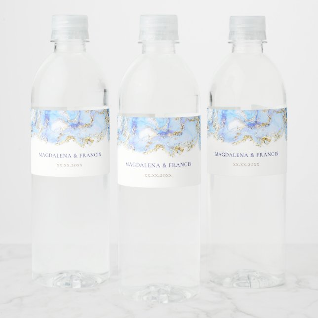 blue marble wedding water bottle label (Bottles)