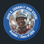 Blue Marching Band Photo High School Spirit Magnet<br><div class="desc">This cool customised high school marching band photo features white typography of your team and player name on a blue magnet. Personalise with your student's photograph and class year as a proud parent. A mum and dad can wear these buttons to competition and games.</div>