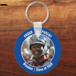 Blue Marching Band Photo Proud Parent Key Ring<br><div class="desc">This cool customised high school marching band photo keychain features white typography of your team and player name on a blue background. Personalise with your student's photograph and class year as a proud parent. A mum and dad can wear these buttons to competition and games.</div>