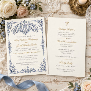 Blue Marian Cherub Catholic Wedding Invitation
