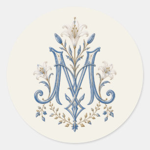 Blue Marian Monogram Catholic Lilies Classic Round Sticker