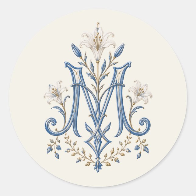 Blue Marian Monogram Catholic Lilies Classic Round Sticker (Front)