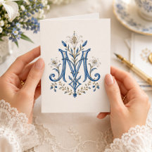 Blue Marian Monogram Catholic Stationery Thank You