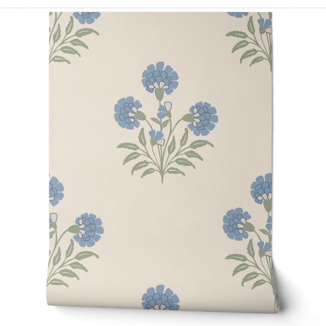Blue Marigold Floral Pattern Warm Cream Background Wallpaper (Unrolling)