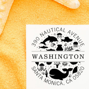 Blue Marine Animals Family Name Return Address Self-inking Stamp