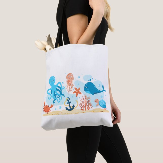 Blue Marine Life Ocean Animals Tote Bag (Close Up)