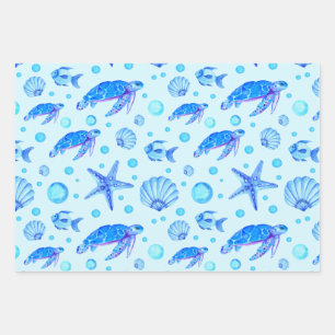 Blue Marine Life - Turtles, Fish and Seashells  Wrapping Paper Sheet