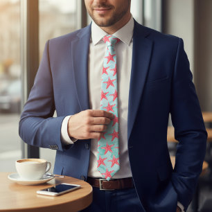 Blue Marine Sea Ocean Star Fish Pattern Neck Tie